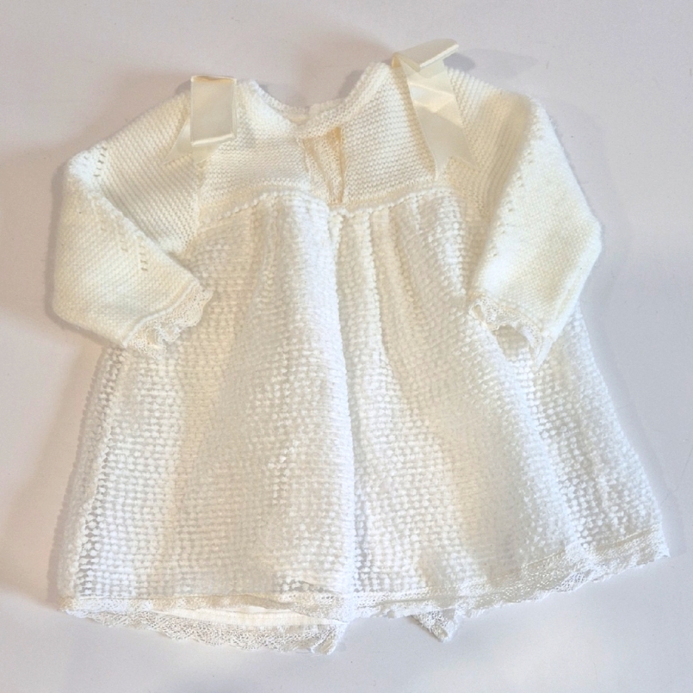 Mebie Root Elegant Cream White Neutral Baby Dress with Bow Accents